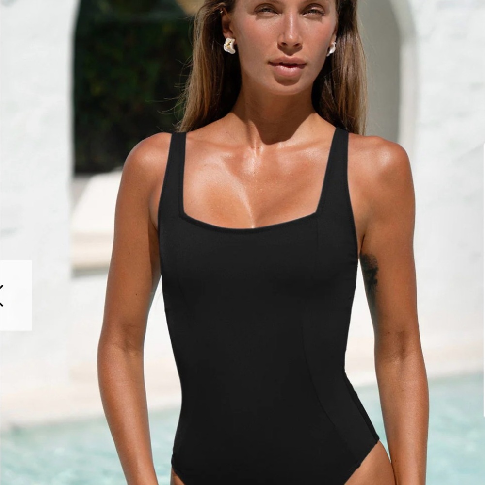Black Square Neck Tummy Control One-Piece Swimsuit